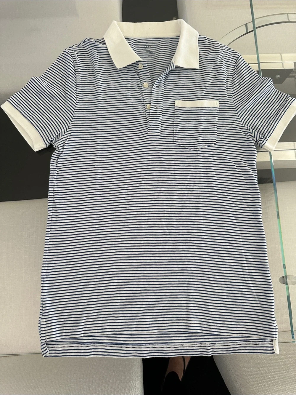 Men’s J Crew Blue & White Striped Polo Shirt with Pocket -